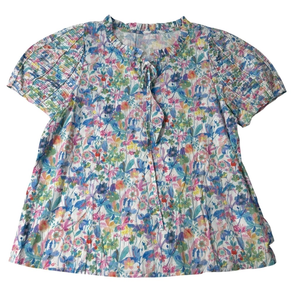 Womens Floral 100% Cotton Ruffle Neck Puff Sleeve Blouse White Pink Blue Shirt